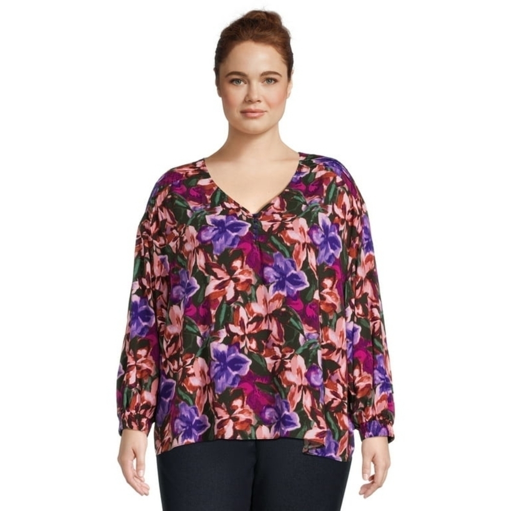 Terra & Sky Henley Top in "Violet Mulberry" Print, Size 2X. NWT